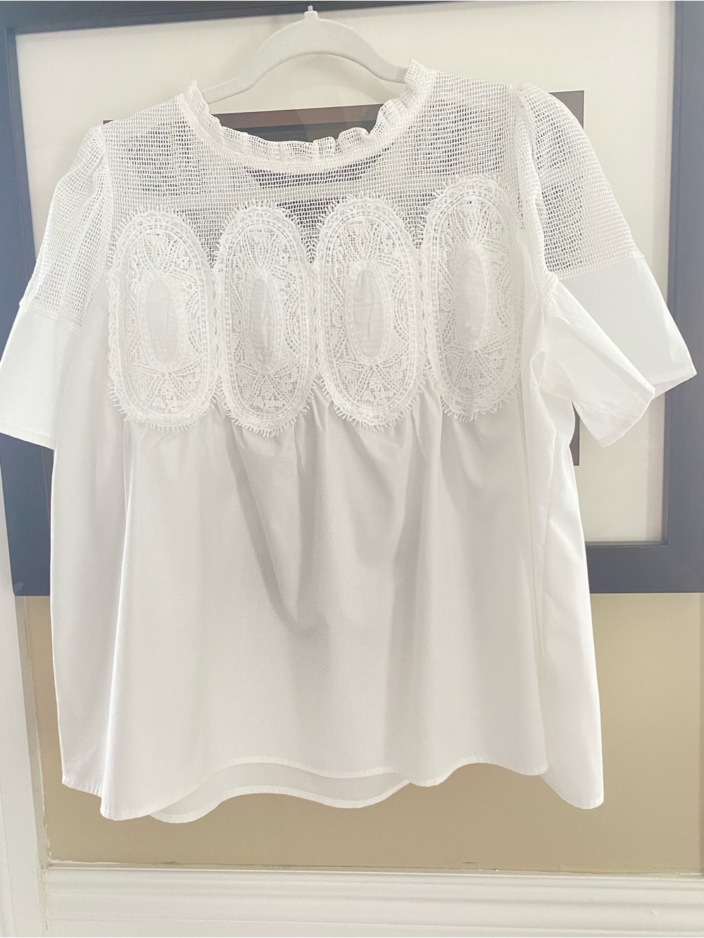 Women's White Lace Yoke Short Sleeve Blouse